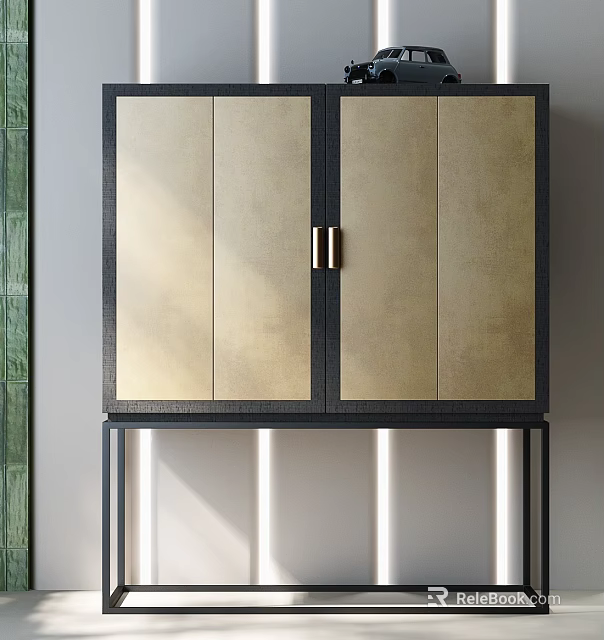 Elegant Modern Console Cabinet With Gold Panels Black Frame Brass Handles And Illuminated Legs 3d model 