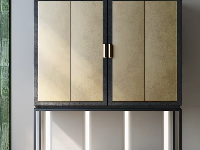 Elegant Modern Console Cabinet With Gold Panels Black Frame Brass Handles And Illuminated Legs 3d model