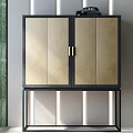 Elegant Modern Console Cabinet With Gold Panels Black Frame Brass Handles And Illuminated Legs