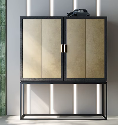 Elegant Modern Console Cabinet With Gold Panels Black Frame Brass Handles And Illuminated Legs 3d model