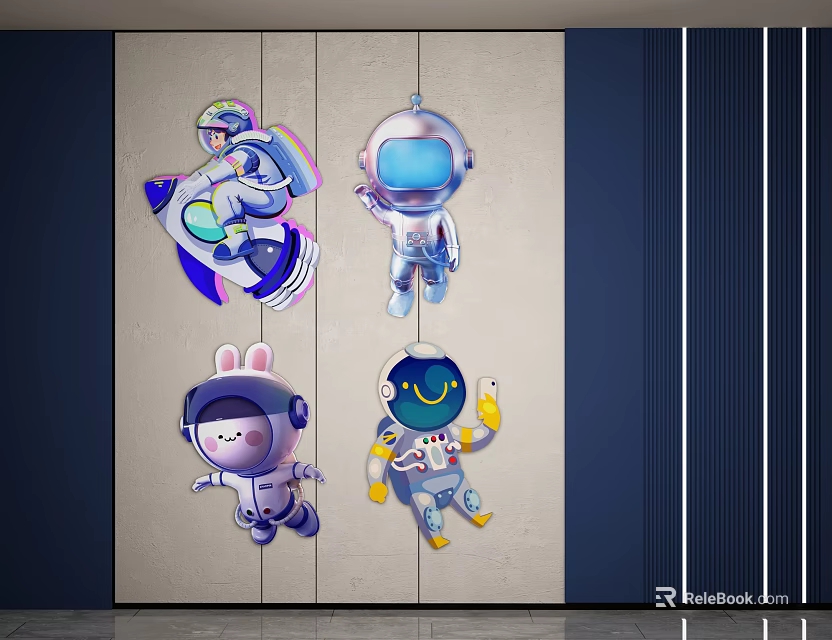 Cute Cartoon Space Theme Wall Decor With Astronaut Rabbit And Spaceship 3d model