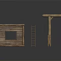 Wooden Building Components Featuring Panel With Square Window Ladder And Pole
