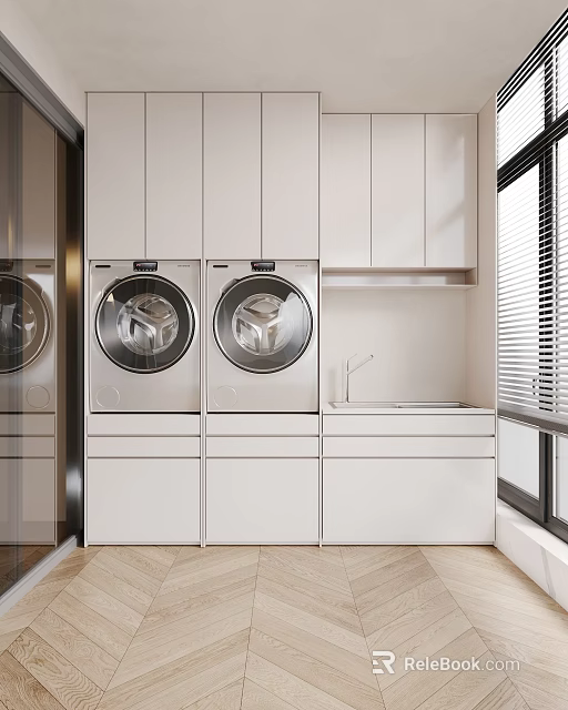 Modern Home Balcony With White Cabinets Two Washing Machines Sink And Window Blinds 3d model 