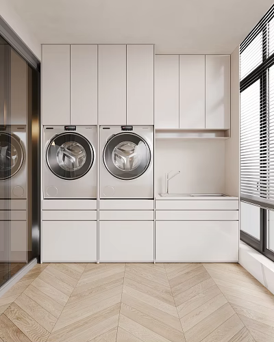 Modern Home Balcony With White Cabinets Two Washing Machines Sink And Window Blinds 3d model