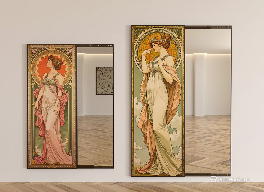 Decorative Wall Mirror Featuring Artistic Female Figure Design And Wooden Floor Reflection 3d model 