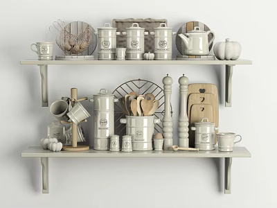 Rustic Tableware Collection with Cans Mugs Teapot Wooden Spoons and Pumpkin Decoration on Shelves 3d model