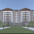 Modern Multi Storey Residential Building Exterior With Green Lawn Trees And Large Windows