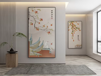 Traditional Chinese Interior With Hanging Floral Paintings Green Plants And Carpet 3d model