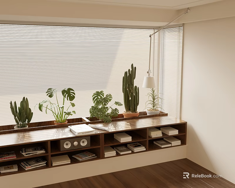 Cozy Bay Window With Green Plants Bookshelves And Wooden Window Seat 3d model 