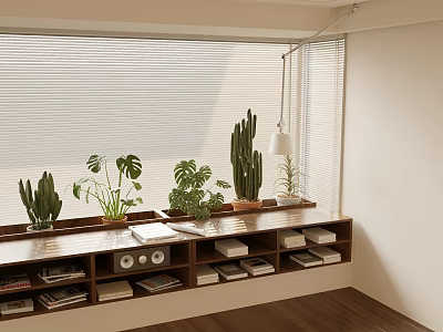 Cozy Bay Window With Green Plants Bookshelves And Wooden Window Seat 3d model