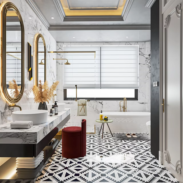 Elegant Modern Bathroom Interior Design With Marble Countertops Double Round Mirrors Bathtub And Red Stool 3d model 