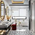 Elegant Modern Bathroom Interior Design With Marble Countertops Double Round Mirrors Bathtub And Red Stool