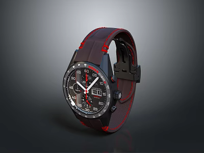 Modern Black Dial Watch With Red Stitched Strap And Multiple Sub-dials Design 3d model