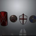 Medieval Shield Collection With Red Wooden Metal Strips Brown Circular White Red Cross Blue Silver Patterns