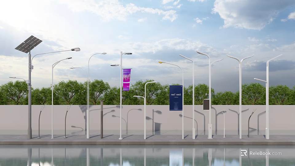 Modern Outdoor Street Lights With White Poles And Tree Background 3d model 