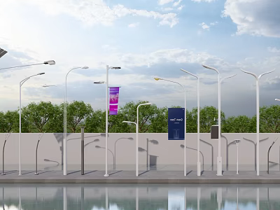 Modern Outdoor Street Lights With White Poles And Tree Background 3d model