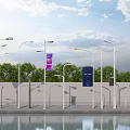 Modern Outdoor Street Lights With White Poles And Tree Background