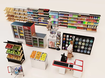 Supermarket With Customers Shopping Carts Fresh Produce Shelves Grocery Items And Checkout Counter 3d model
