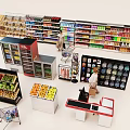 Supermarket With Customers Shopping Carts Fresh Produce Shelves Grocery Items And Checkout Counter