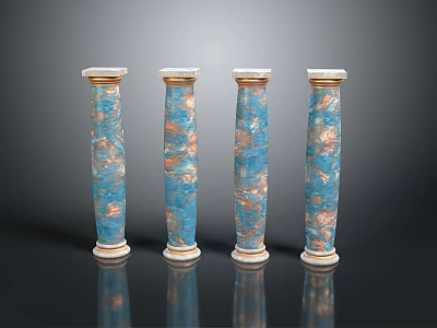Four Blue And Gold Decorative Columns With White Base Top And Intricate Patterns Displayed Together 3d model