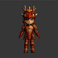 Cute Red Dragon Themed Character In Armor Costume With Golden Horns And Green Eyes