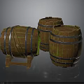 Vintage Wooden Barrels With Metal Hoops And Mossy Texture On Stand