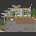 Cartoon Minecraft Hillside Scene With Multi Level Building Trees Grass Waterfall And Water Area