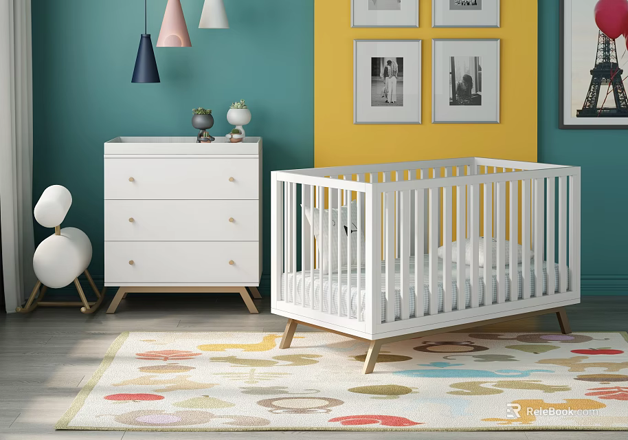 White Baby Crib In Nursery With Teal Yellow Walls White Dresser Colorful Rug 3d model 