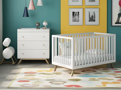 White Baby Crib In Nursery With Teal Yellow Walls White Dresser Colorful Rug 3d model