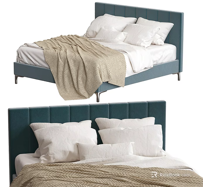 Comfortable Double Bed With Dark Blue Upholstered Headboard White Pillows And Beige Blanket 3d model 