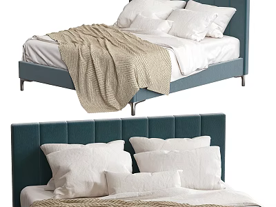 Comfortable Double Bed With Dark Blue Upholstered Headboard White Pillows And Beige Blanket 3d model