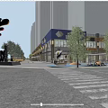 Commercial Street Evening Scene With Illuminated Shops Pedestrians Decorative Trees And Tall Buildings