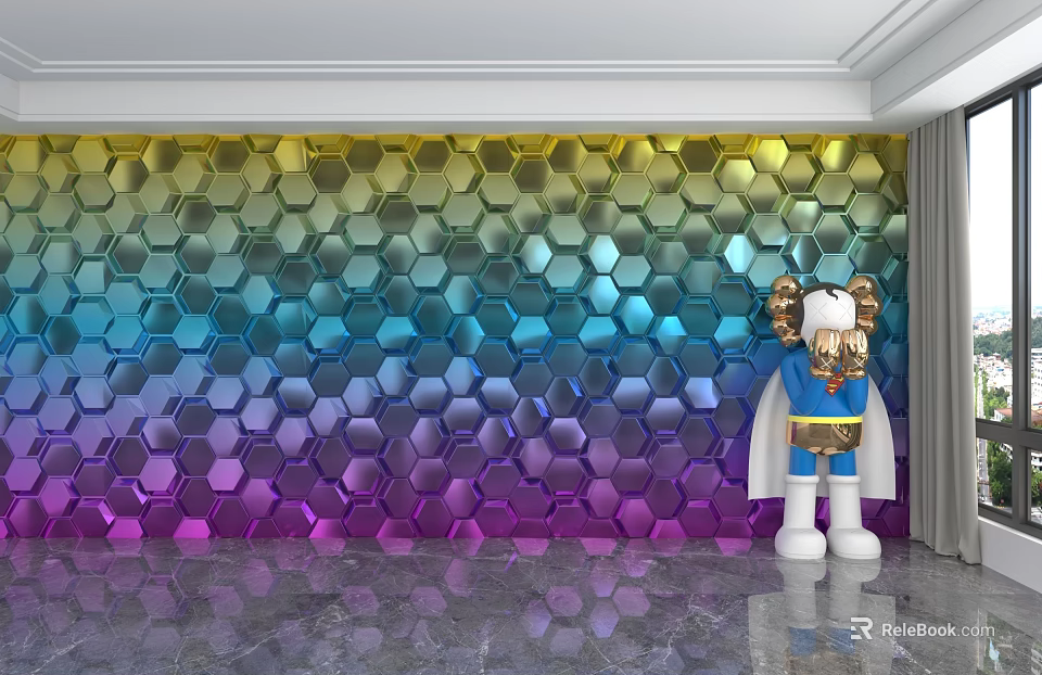Hexagonal Gradient Color Background Wall With Smooth Marble Floor And Blue Cape Cartoon Sculpture 3d model 