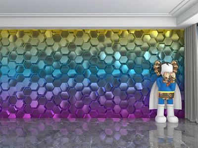 Hexagonal Gradient Color Background Wall With Smooth Marble Floor And Blue Cape Cartoon Sculpture 3d model