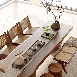 New Chinese Style Tea Table and Chair Tea Set Wood Floor Venetian Blinds 3d model