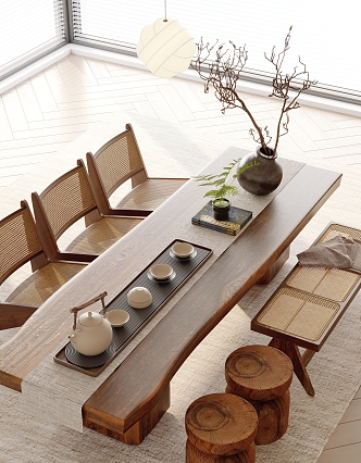 New Chinese Style Tea Table and Chair Tea Set Wood Floor Venetian Blinds 3d model