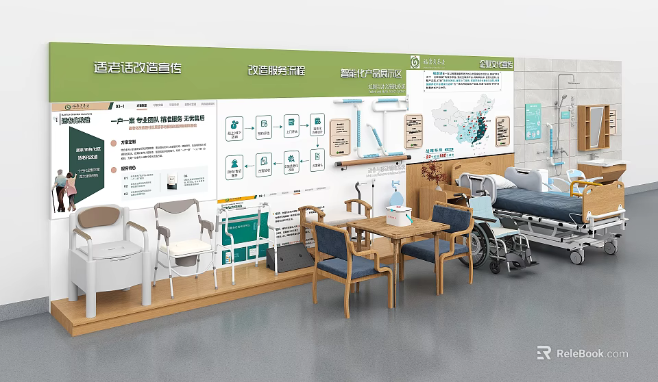 Medical Equipment Exhibition With Wheelchairs Beds Tables And Nursing Furniture Setup 3d model 