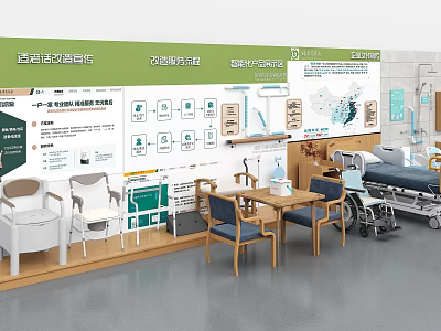 Medical Equipment Exhibition With Wheelchairs Beds Tables And Nursing Furniture Setup 3d model