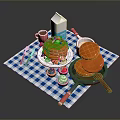 Breakfast Scene with Pancakes Milk Carton Cup Spatula Plaid Cloth and Strawberry Topping