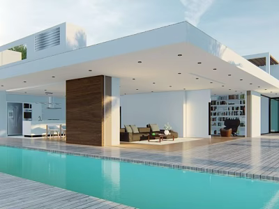 Modern Detached Villa Exterior And Interior With Swimming Pool Open Layout Wooden Terrace And Furniture 3d model