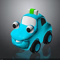 Blue Cartoon Toy Car With Big Eyes Smiling Mouth And Green White Top Lights