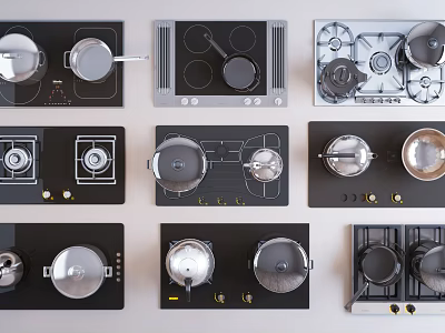 Various Kitchen Stovetop Appliances With Pans On Different Cooktop Designs 3d model