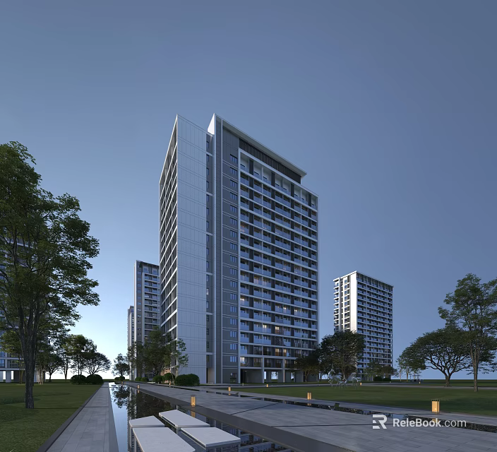 Modern High Rise Residential Building With Glass Curtain Wall And Greenery Pathway 3d model 
