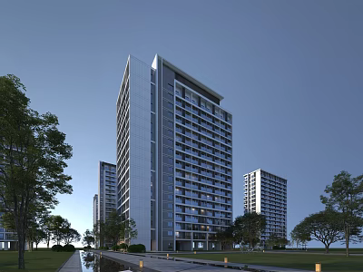 Modern High Rise Residential Building With Glass Curtain Wall And Greenery Pathway 3d model