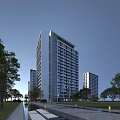 Modern High Rise Residential Building With Glass Curtain Wall And Greenery Pathway