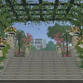 Residential Landscape With Arch Pergola Climbing Vines Stone Steps And Pink Flower Pots