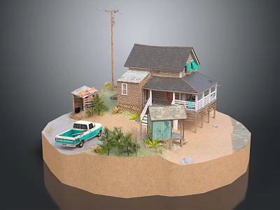 Rustic Wooden House Model With Blue Truck Small Shed Trees And Sandy Ground 3d model