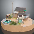 Rustic Wooden House Model With Blue Truck Small Shed Trees And Sandy Ground
