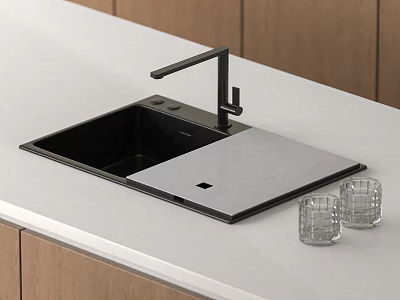 Black Kitchen Sink With Modern Faucet On White Countertop And Glass Cups 3d model