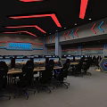 Modern Cyber Cafe With Red Blue Lighting Gaming Computers And Robot Decorations